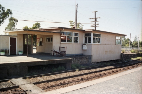 146-25
Broadford station building looking from the up platform, show original signal box opening in platform facing, and new box on the right.
