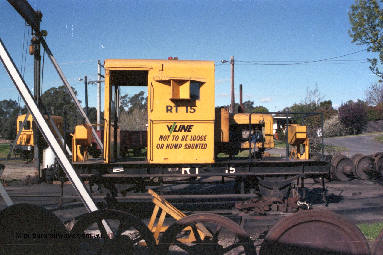 147-01
Seymour loco depot turntable roads, V/Line rail tractor RT class RT 15 in VR yellow but lettered V/Line, side view. Built new by Newport Workshops June 1959.
Keywords: RT-class;RT15;Victorian-Railways-Newport-WS;