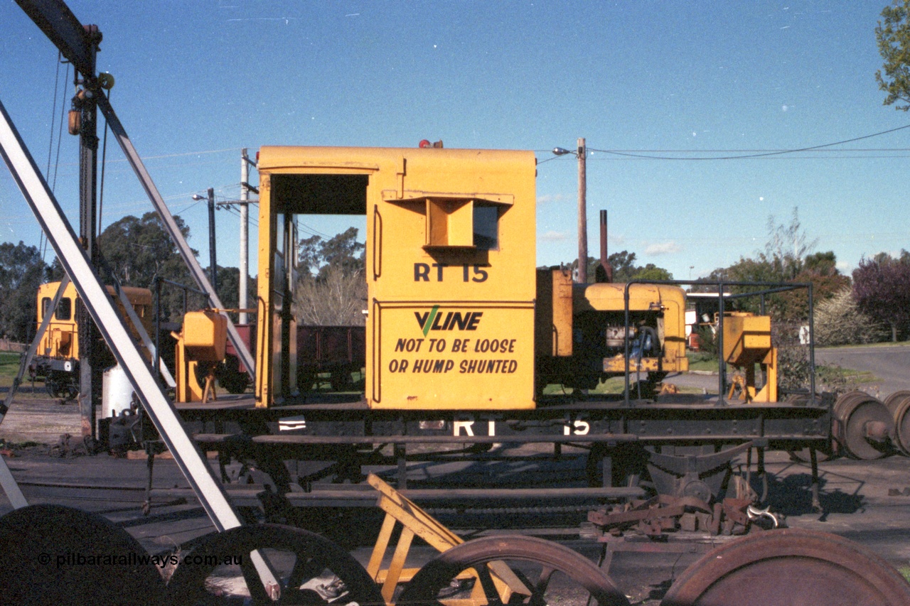 147-02
Seymour loco depot turntable roads, V/Line rail tractor RT class RT 15 in VR yellow but lettered V/Line, side view. Built new by Newport Workshops June 1959.
Keywords: RT-class;RT15;Victorian-Railways-Newport-WS;
