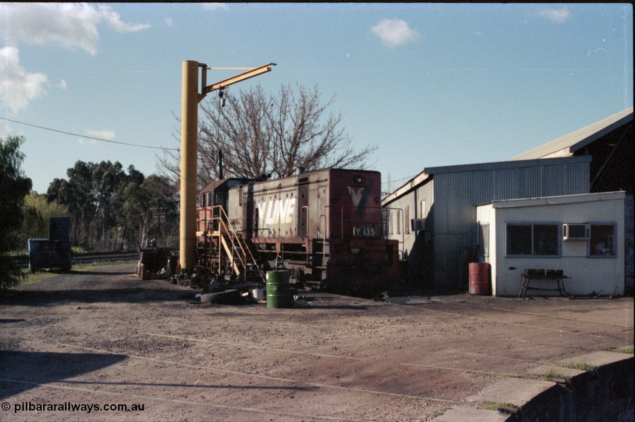 147-08
Seymour loco depot turntable, broad gauge V/Line Y class Y 135 Clyde Engineering EMD model G6B serial 65-401 over the brake pit next to the workshop.
Keywords: Y-class;Y135;Clyde-Engineering-Granville-NSW;EMD;G6B;65-401;