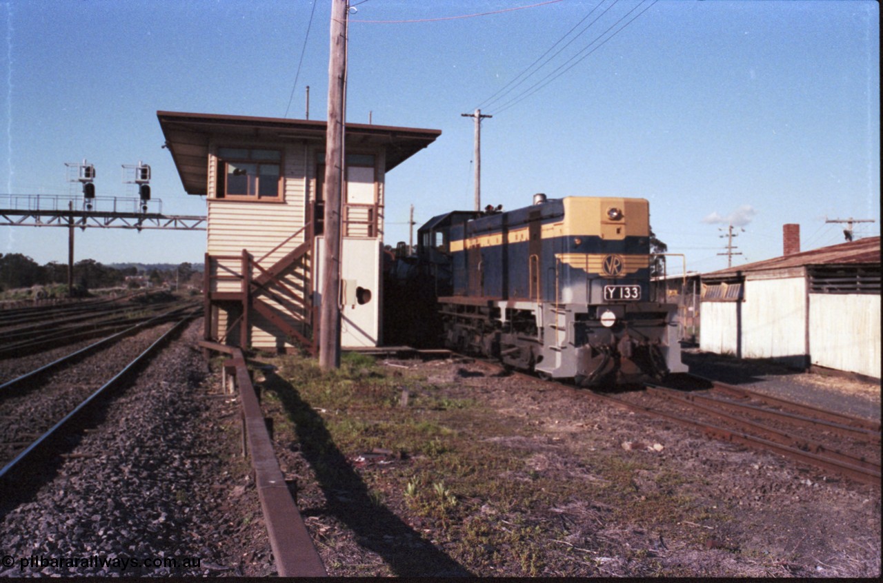 147-12
Seymour VR liveried Y class Y 133 Clyde Engineering EMD model G6B serial 65-399 shunts SRHC rollingstock behind the now derelict Seymour B Signal Box, shows signs of work to the pilot.
Keywords: Y-class;Y133;Clyde-Engineering-Granville-NSW;EMD;G6B;65-399;