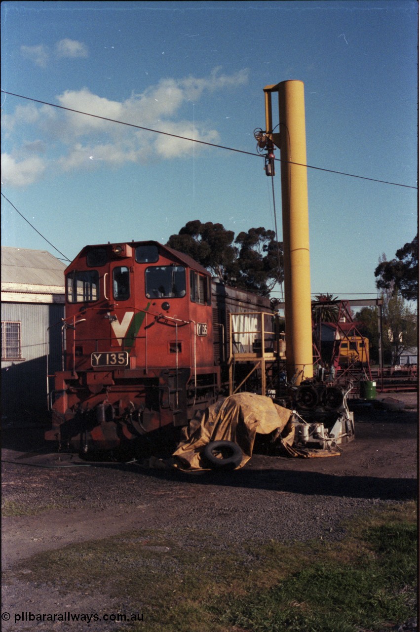 147-19
Seymour loco depot V/Line Y class Y 135 Clyde Engineering EMD model G6B serial 65-401 sits over the inspection pit.
Keywords: Y-class;Y135;Clyde-Engineering-Granville-NSW;EMD;G6B;65-401;