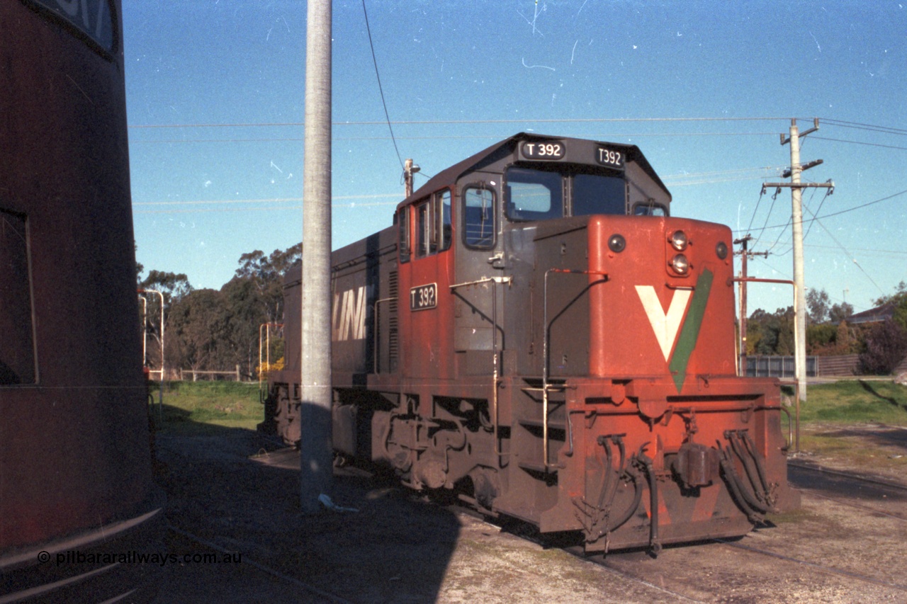 147-23
Seymour loco depot, broad gauge V/Line T class T 392 Clyde Engineering EMD model G8B serial 65-422 sits around the turntable on a Sunday arvo.
Keywords: T-class;T392;Clyde-Engineering-Granville-NSW;EMD;G8B;65-422;