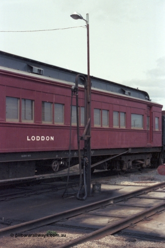 147-33
Seymour loco depot, stabled train, No.10 Sleeper 'LODDON' at the fuel point, originally built in 1907 and called 'MELBOURNE', renamed in 1910, removed from Joint Stock in 1969 and named No. 10, then around 1984 renamed 'LODDON' in 'Train of Knowledge' service.
Keywords: E-class;Loddon;Victorian-Railways-Newport-WS;Joint-Stock;Melbourne-Sleeper;