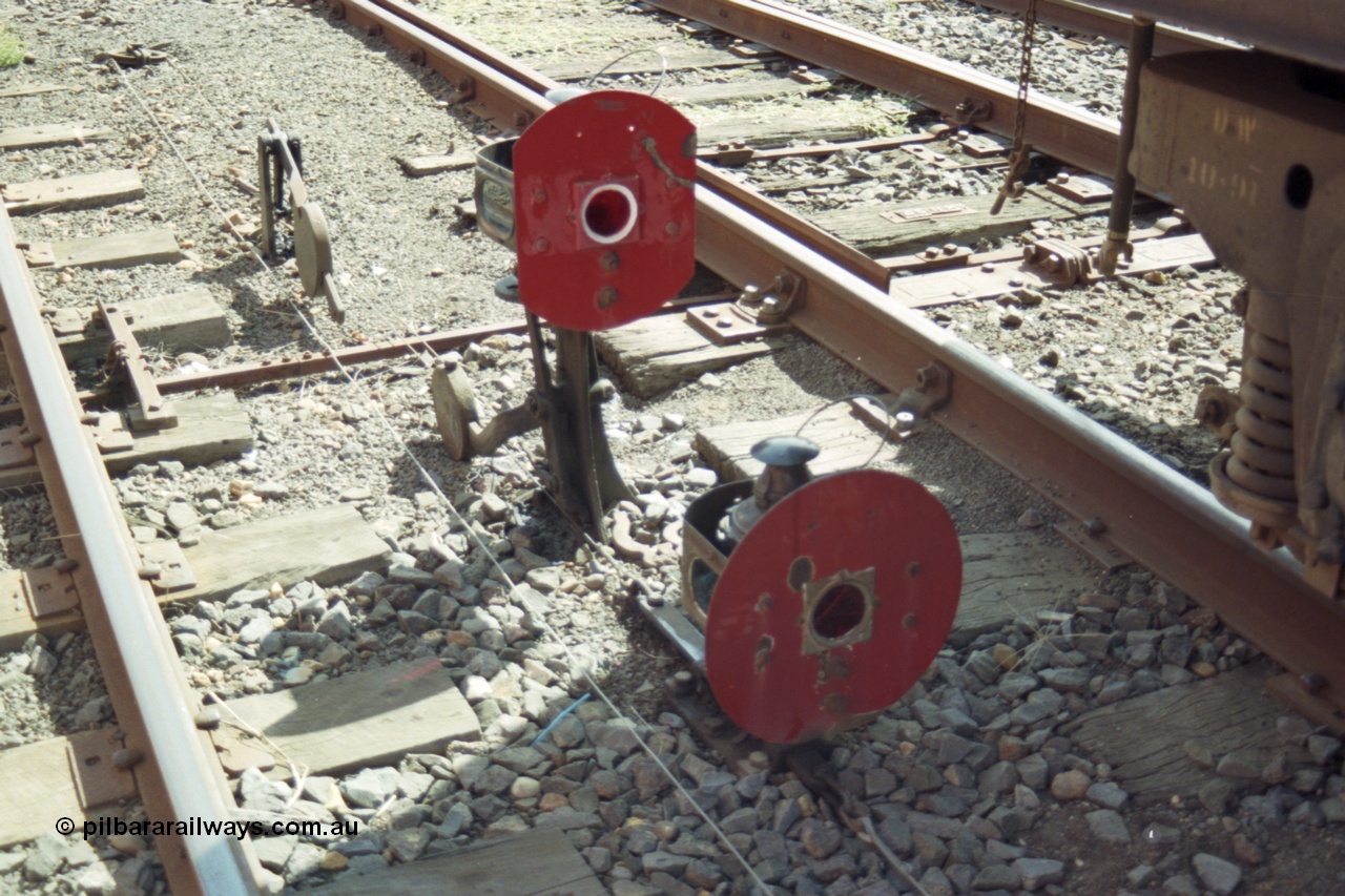 149-16
Bacchus Marsh Ground Dwarf Signals 6, showing counterweights, wires and pulleys, the Lower Disc Signal controlled moves from No.3 Road to No.2 Road, while the Upper Disc was from No. 3 Road to No.3 A Road.
