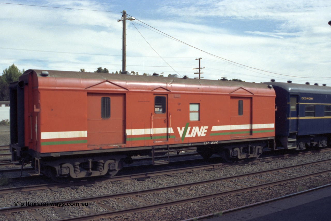 149-24
Bacchus Marsh, V/Line broad gauge CP class bogie guards van CP 292 on stabled passenger set. CP 292 was built by AE Goodwin NSW as CP type van CP 16 in September 1957, in December 1985 recoded to VVCP 16, then in August 1987 to CP 292.
Keywords: CP-van;CP292;VVCP-van;VVCP16;CP16;AE-Goodwin;