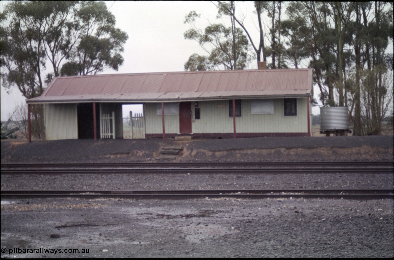 150-31
Lismore station building front elevation, looking across three yard tracks, building still used for safeworking purposes.
