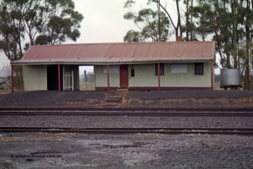 150-31
Lismore station building front elevation, looking across three yard tracks, building still used for safeworking purposes.
