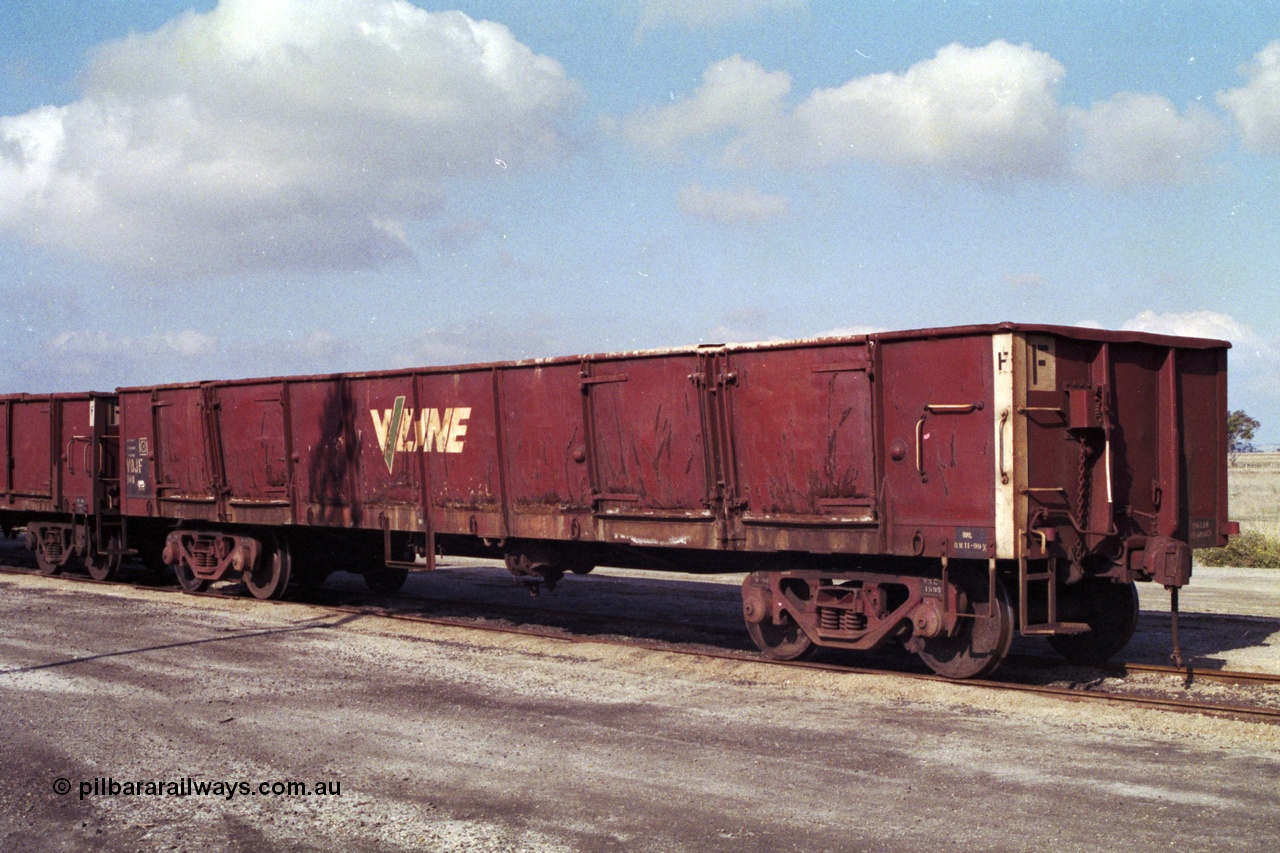 151-05
Gheringhap, broad gauge V/Line VOJF type bogie open gypsum waggon VOJF 24 in B Sidings awaiting unloading. The VOJF type waggons were conversions from ELF/ELX types, not much more is known on the histories.
Keywords: VOJF-type;VOJF24;