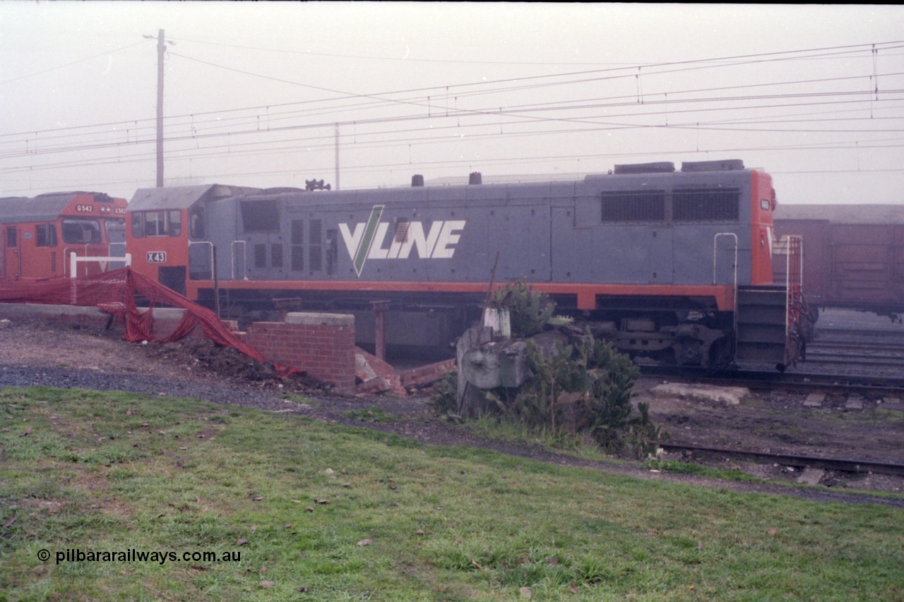 151-23
Traralgon station V/Line broad gauge light engine 2nd unit X class X 43 Clyde Engineering EMD model G26C serial 70-706 paired up with G 543 awaits departure time for Morwell with 9444 light engine, then loaded briquette train for Nth Geelong, in heavy fog, buffer stop overrun with cactus! Remains of abolished signal box behind buffer stop.
Keywords: X-class;X43;Clyde-Engineering-Granville-NSW;EMD;GT26C;70-706;