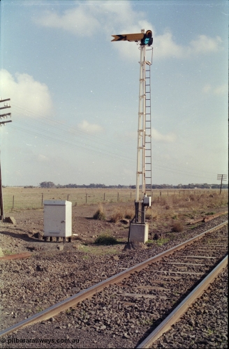 151-04
Gheringhap signal post one, down distant with motorised operator visible.
