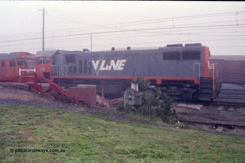 151-23
Traralgon station V/Line broad gauge light engine 2nd unit X class X 43 Clyde Engineering EMD model G26C serial 70-706 paired up with G 543 awaits departure time for Morwell with 9444 light engine, then loaded briquette train for Nth Geelong, in heavy fog, buffer stop overrun with cactus! Remains of abolished signal box behind buffer stop.
Keywords: X-class;X43;Clyde-Engineering-Granville-NSW;EMD;GT26C;70-706;
