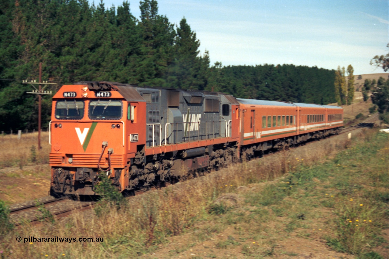 153-2-07
Llandello, Bostock Reservoir, V/Line broad gauge N class loco N 473 'City of Warragul' Clyde Engineering EMD model JT22HC-2 serial 87-1202 and N set at speed with an up Ballarat passenger train.
Keywords: N-class;N473;Clyde-Engineering-Somerton-Victoria;EMD;JT22HC-2;87-1202;