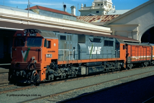 153-2-14
Ballarat station, broad gauge V/Line N class N 463 'City of Bendigo' Clyde Engineering EMD model JT22HC-2 serial 86-1192 and D van, Melbourne bound up passenger train.
Keywords: N-class;N463;Clyde-Engineering-Somerton-Victoria;EMD;JT22HC-2;86-1192;