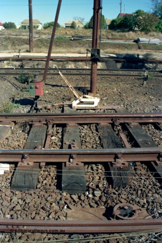 153-2-33
Ararat station yard, track interlocking view, points, lever, indicator, rodding and wire, counter weight on signal post.
