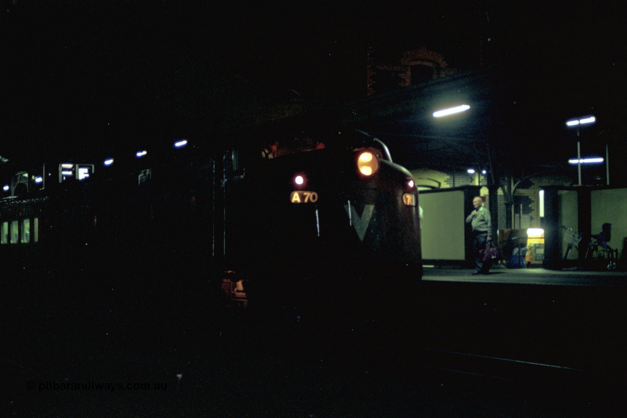 153-3-22
Geelong station building and platform, night shot, V/Line broad gauge passenger train, down Warrnambool with A class A 70 Clyde Engineering EMD model AAT22C-2R serial 84-1187 rebuilt from B 70 Clyde Engineering EMD model ML2 serial ML2-11 pauses at platform one.
Keywords: A-class;A70;Clyde-Engineering-Rosewater-SA;EMD;AAT22C-2R;84-1187;rebuild;bulldog;