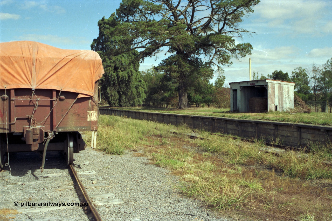 153-3-35
Coldstream, station platform and building view, rear of VOFX type waggon.
