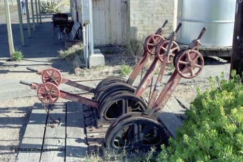 153-3-03
Maroona, station platform, signal levers chained in position, closest to camera Outer Ararat, Inner Ararat, Hamilton Dep, Geelong Dep, Hamilton Arr and Geelong Arr.
