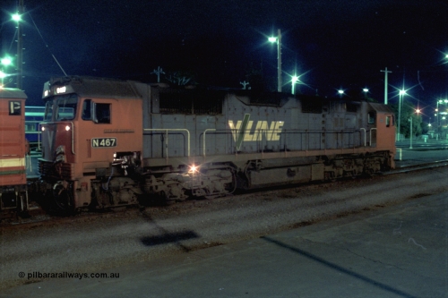 153-3-27
Geelong station platform two, V/Line broad gauge N class N 467 'City of Stawell' Clyde Engineering EMD model JT22HC-2 serial 86-1196 with D van readies an up passenger train.
Keywords: N-class;N467;Clyde-Engineering-Somerton-Victoria;EMD;JT22HC-2;86-1196;