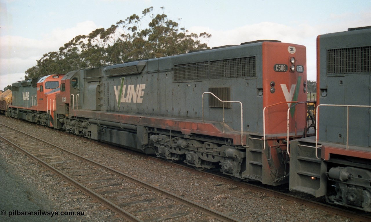 154-18
Lismore, V/Line broad gauge C class locomotives C 508 Clyde Engineering EMD model GT26C serial 76-831 and class leader C 501 'George Brown' serial 76-824, second and third locos on the motive power for down Adelaide bound good train 9169 as the pause for a new train order.
Keywords: C-class;C508;Clyde-Engineering-Rosewater-SA;EMD;GT26C;76-831;