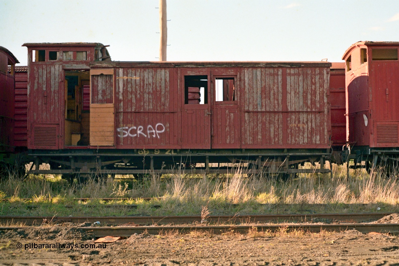 155-07
Wallan, stored 'OFF REG' waggon awaiting scrapping, four wheel ZL type guards van 699 ZL, side view.
Keywords: ZL-van;ZL699;fixed-wheel-waggon;