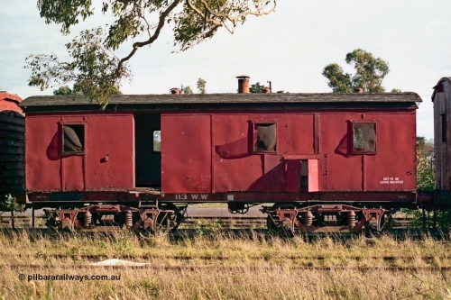 155-10
Wallan, stored 'OFF REG' waggon awaiting scrapping, bogie Ways and Works workmen's sleeper waggon, WW type 113 WW, side view. Originally built as an A type first class fixed six wheel carriage A 114 by Brown & Marshall of England in 1883, recoded to X type X 63 in circa 1910, then in 1946 converted to a workman's sleeper W type at Newport workshops as W 58. And in 1959 at Bendigo workshops fitted to a bogie underframe and converted to WW.
Keywords: WW-type;WW113;Brown&Marshall;A-type;A114;X-type;X63;W-type;W58;