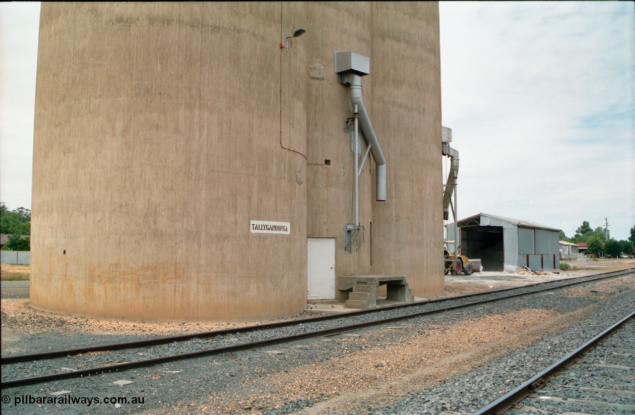 156-18
Tallygaroopna, station location name painter on Williamstown style silos, train out loading spouts, super phosphate shed in the background.
