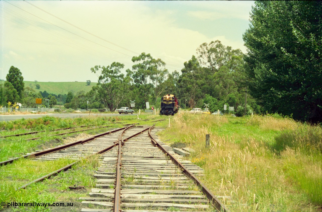 158-02
Healesville, Yarra Valley Tourist Railway operations, overgrown yard view looking towards Yarra Glen, train on grade crossing about to enter yard.
