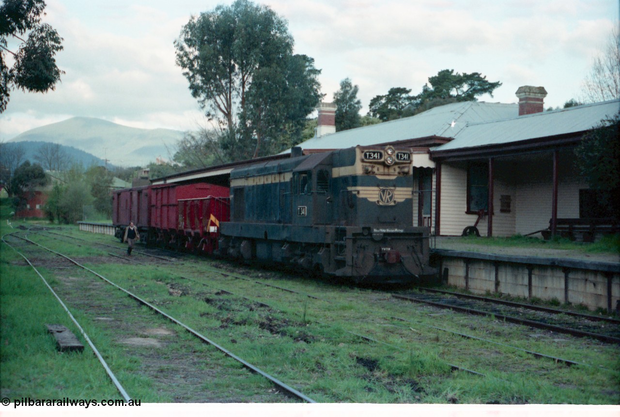 160-04
Healesville, station yard, building and platform, Yarra Valley Tourist Railway broad gauge loco Flat Top T class T 341 Clyde Engineering EMD model G8B serial 56-120 stand at the platform with a four wheel G type open waggon, a four wheel HD type van and a bogie ZLP type guards van.
Keywords: T-class;T341;Clyde-Engineering-Granville-NSW;EMD;G8B;56-120;