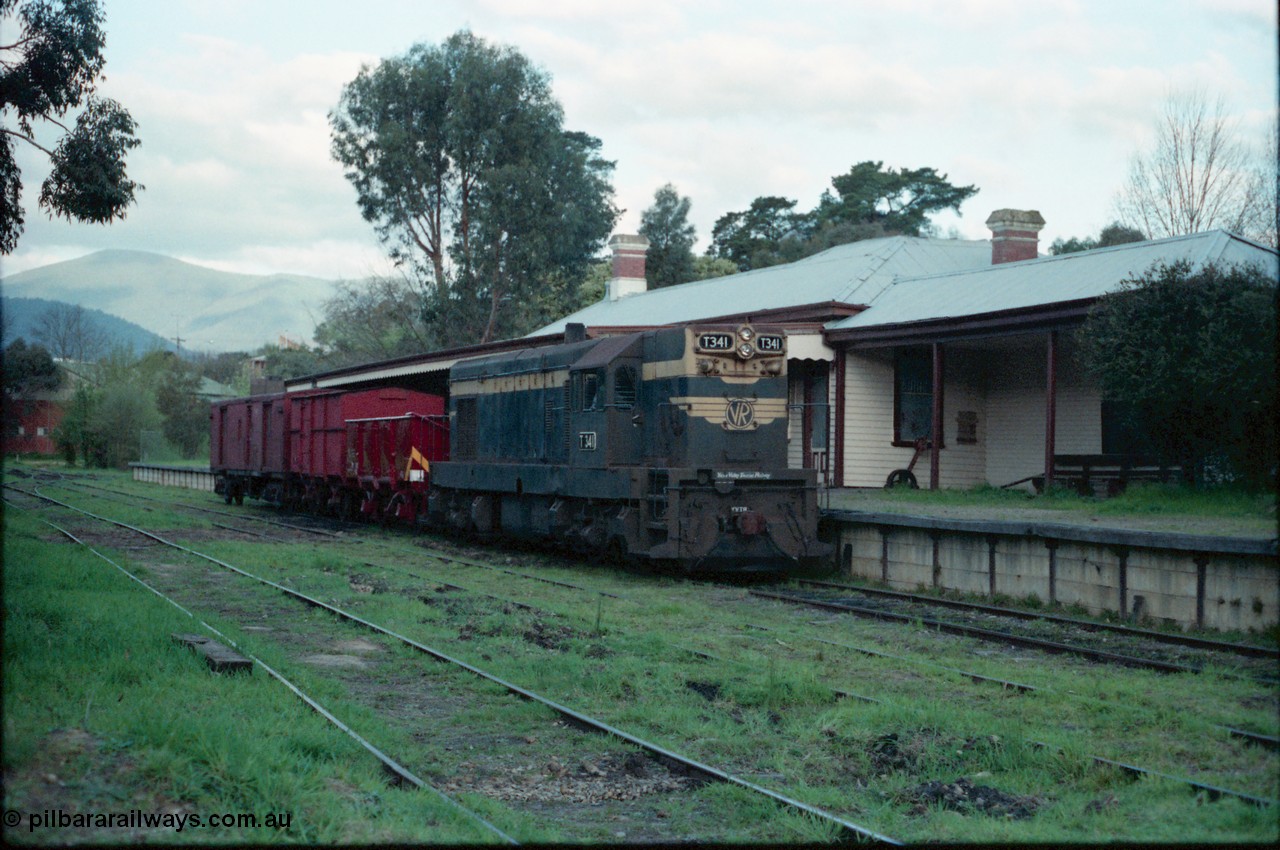 160-05
Healesville, station yard, building and platform, Yarra Valley Tourist Railway broad gauge loco Flat Top T class T 341 Clyde Engineering EMD model G8B serial 56-120 stand at the platform with a four wheel G type open waggon, a four wheel HD type van and a bogie ZLP type guards van.
Keywords: T-class;T341;Clyde-Engineering-Granville-NSW;EMD;G8B;56-120;