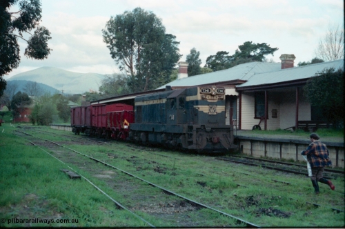 160-06
Healesville, station yard, building and platform, Yarra Valley Tourist Railway broad gauge loco Flat Top T class T 341 Clyde Engineering EMD model G8B serial 56-120 stand at the platform with a four wheel G type open waggon, a four wheel HD type van and a bogie ZLP type guards van.
Keywords: T-class;T341;Clyde-Engineering-Granville-NSW;EMD;G8B;56-120;