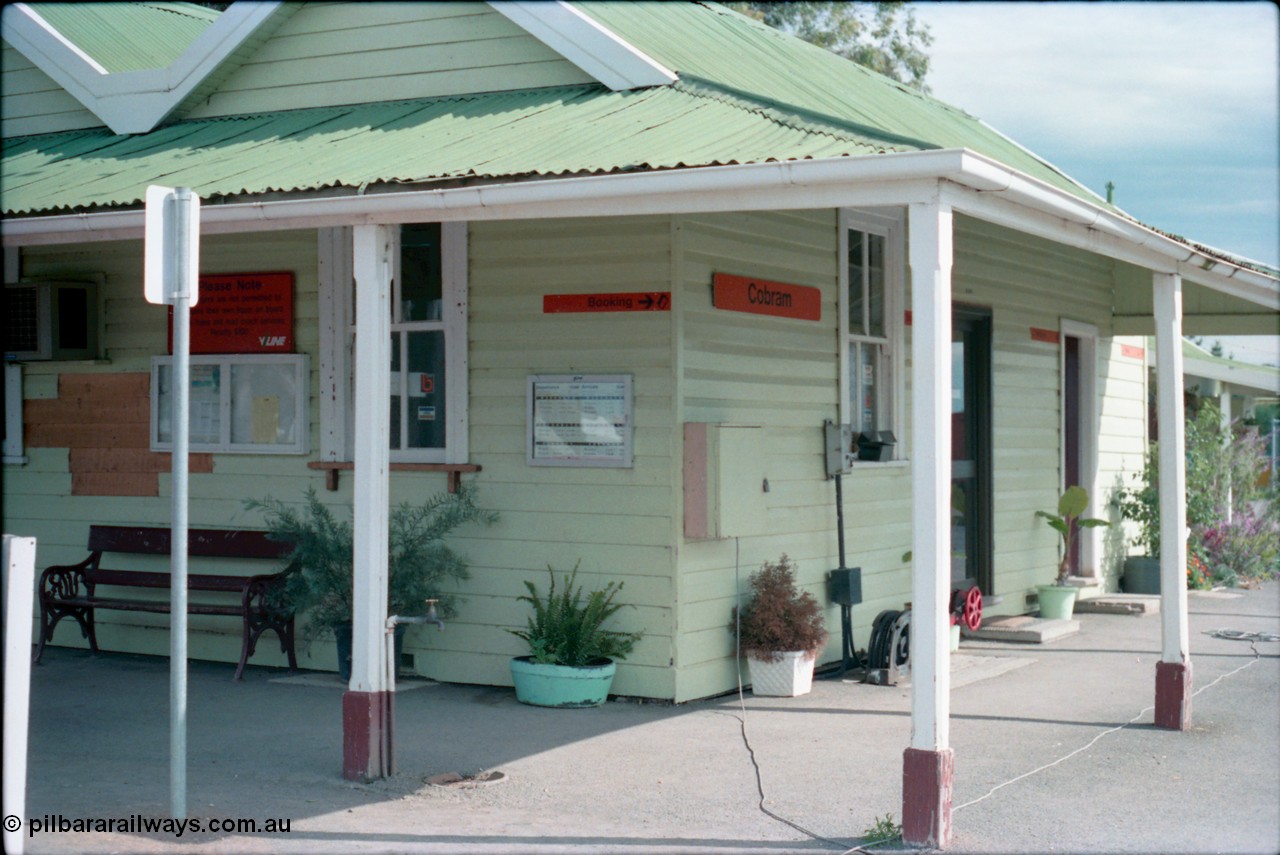 161-23
Cobram station building north west corner, signal lever behind post.
