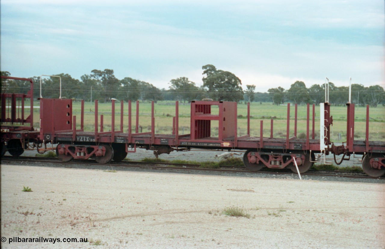 161-29
Tocumwal, V/Line broad gauge VZTX type bogie sleeper transport waggon VZTX 8 converted from a VBAX type box van which would've started out as a Victorian Railways Newport Workshops built BP / BB van from the late 1950s.
Keywords: VZTX-type;VZTX8;Victorian-Railways-Newport-WS;BP-type;VBAX-type;