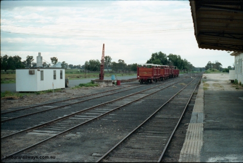 161-24
Tocumwal, broad gauge yard overview from station platform with sleeper transport waggons, stock yards and grain silo complex in the background.
