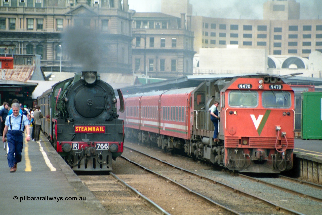 162-1-17
Spencer Street Station, platforms 4 and 5 view, broad gauge Steamrail R class loco R 766 North British Locomotive Company, Glasgow, Scotland model Hudson serial 27056 and V/Line N class N 470 'City of Wangaratta' Clyde Engineering EMD model JT22HC-2 serial 86-1199 during the PTC Open Day.
Keywords: R-class;R766;North-British-Locomotive-Company;Hudson;27056;