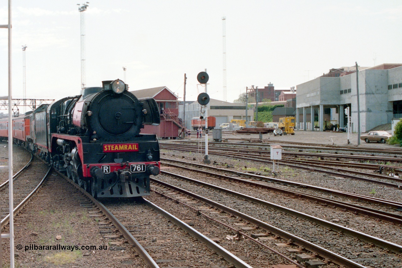 162-1-19
Spencer Street Station, view from platform 4 looking west, broad gauge Steamrail R class R 761 North British Locomotive Company, Glasgow, Scotland model Hudson serial 27051 leads a V/Line P class P 18 with a special up passenger train during the PTC Open Day heading into platform 3.
Keywords: R-class;R761;North-British-Locomotive-Company;Hudson;27051;