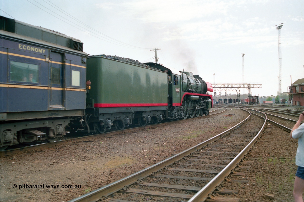 162-1-22
Spencer Street Station, broad gauge Steamrail R class R 766 North British Locomotive Company, Glasgow, Scotland model Hudson serial 27056 departs platform 4 with a down steam hauled passenger train during the PTC open Day, trailing view.
Keywords: R-class;R766;North-British-Locomotive-Company;Hudson;27056;