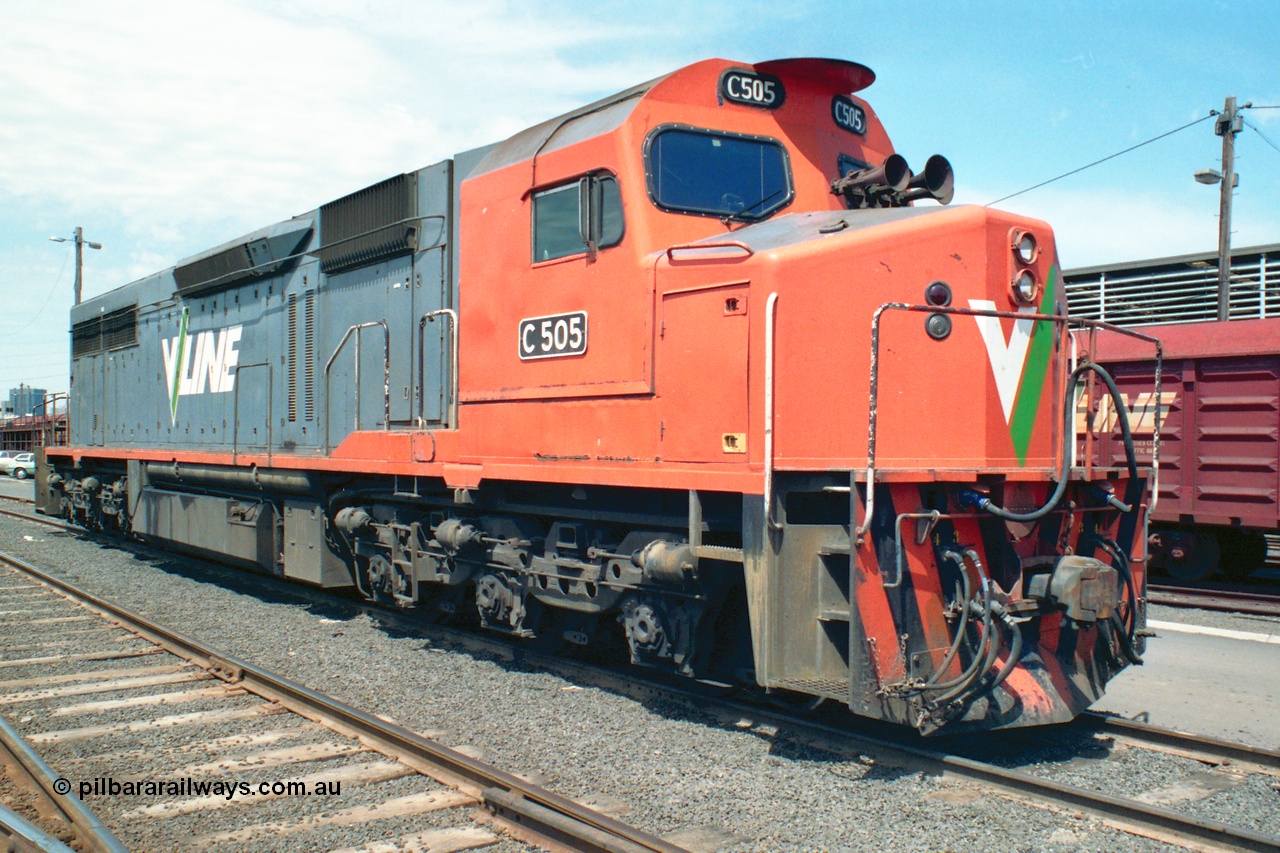 162-1-23
South Dynon Motive Power Depot, broad gauge V/Line locomotive C class C 505 Clyde Engineering EMD model GT26C serial 76-828, at the PTC Open Day.
Keywords: C-class;C505;Clyde-Engineering-Rosewater-SA;EMD;GT26C;76-828;