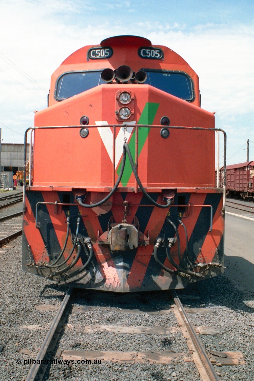 162-1-24
South Dynon Motive Power Depot, broad gauge V/Line C class C 505 Clyde Engineering EMD model GT26C serial 76-828, at the PTC Open Day, cab front view.
Keywords: C-class;C505;Clyde-Engineering-Rosewater-SA;EMD;GT26C;76-828;