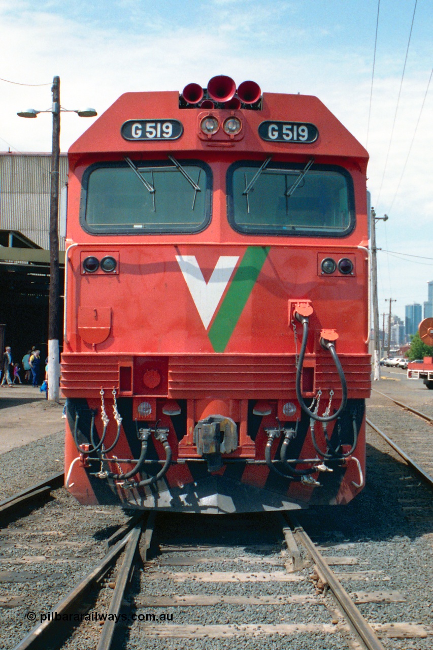 162-1-26
South Dynon Motive Power Depot, broad gauge V/Line G class G 519 Clyde Engineering EMD model JT26C-2SS serial 85-1232 at the PTC Open Day, cab front view.
Keywords: G-class;G519;Clyde-Engineering-Rosewater-SA;EMD;JT26C-2SS;85-1232;