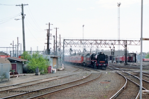 162-1-18
Spencer Street Station, view from platform 4 looking west, broad gauge Steamrail R class R 761 North British Locomotive Company, Glasgow, Scotland model Hudson serial 27051 leads a V/Line P class P 18 with a special up passenger train during the PTC Open Day heading into platform 3.
Keywords: R-class;R761;North-British-Locomotive-Company;Hudson;27051;