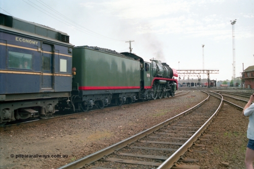 162-1-22
Spencer Street Station, broad gauge Steamrail R class R 766 North British Locomotive Company, Glasgow, Scotland model Hudson serial 27056 departs platform 4 with a down steam hauled passenger train during the PTC open Day, trailing view.
Keywords: R-class;R766;North-British-Locomotive-Company;Hudson;27056;