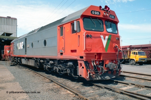 162-1-25
South Dynon Motive Power Depot, broad gauge V/Line G class G 519 Clyde Engineering EMD model JT26C-2SS serial 85-1232 at the PTC Open Day.
Keywords: G-class;G519;Clyde-Engineering-Rosewater-SA;EMD;JT26C-2SS;85-1232;