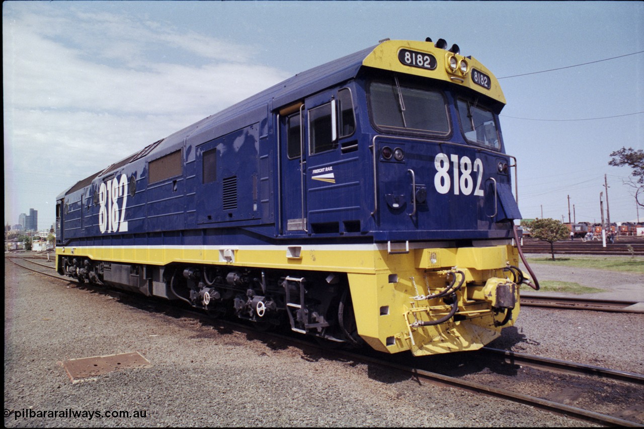 162-2-07
South Dynon Motive Power Depot, near new standard gauge NSWSRA 81 class locomotive 8182 Clyde Engineering EMD model JT26C-2SS serial 91-1279 shows off its Freight Rail blue livery, the broad gauge turn table is visible at the right edge of frame.
Keywords: 81-class;8182;Clyde-Engineering-Kelso-NSW;EMD;JT26C-2SS;91-1279;