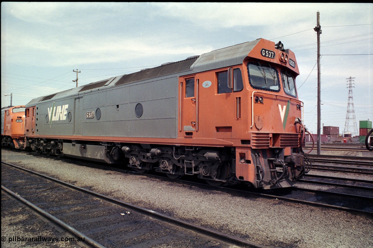 162-2-19
South Dynon Motive Power Depot, V/Line broad gauge rebuilt diesel electric locomotive G class G 537 Clyde Engineering EMD model JT26C-2SS serial 89-1270, PTC Open Day.
Keywords: G-class;G537;Clyde-Engineering-Somerton-Victoria;EMD;JT26C-2SS;89-1270;