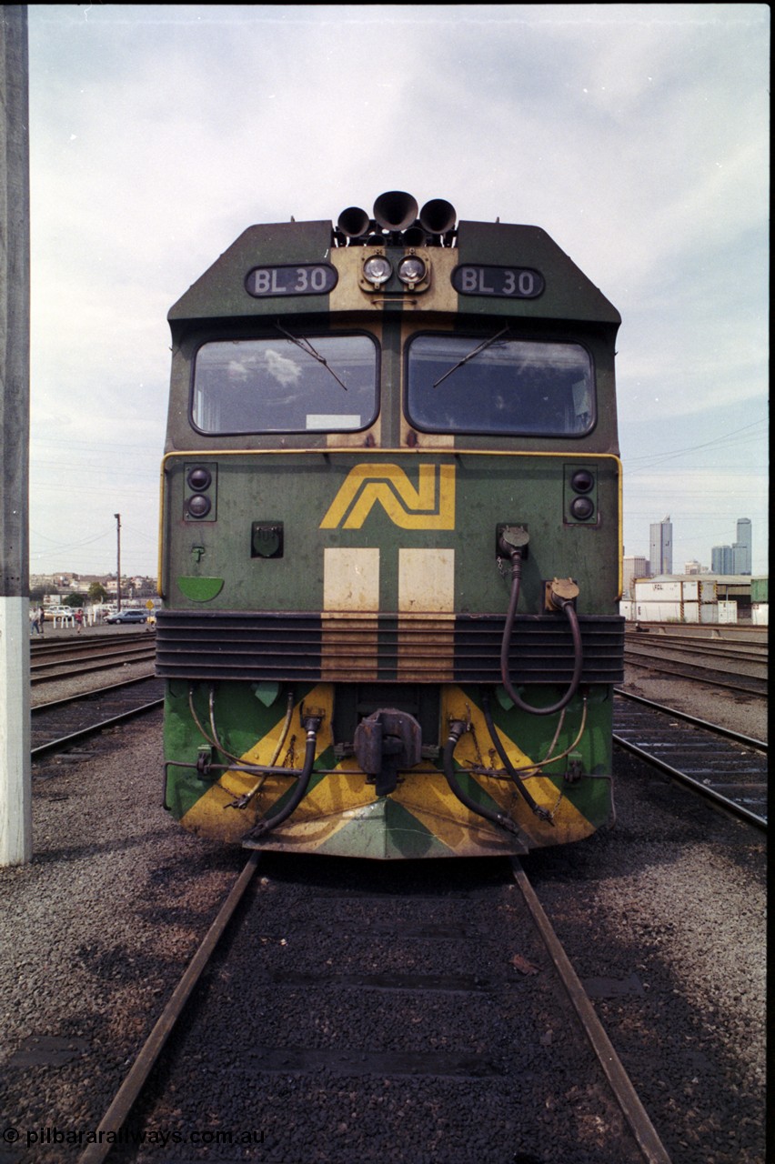 162-2-20
South Dynon Motive Power Depot, broad gauge Australian National diesel electric locomotive of the BL class BL 30 Clyde Engineering EMD model JT26C-2SS serial 83-1014, cab front view, PTC Open Day.
Keywords: BL-class;BL30;Clyde-Engineering-Rosewater-SA;EMD;JT26C-2SS;83-1014;