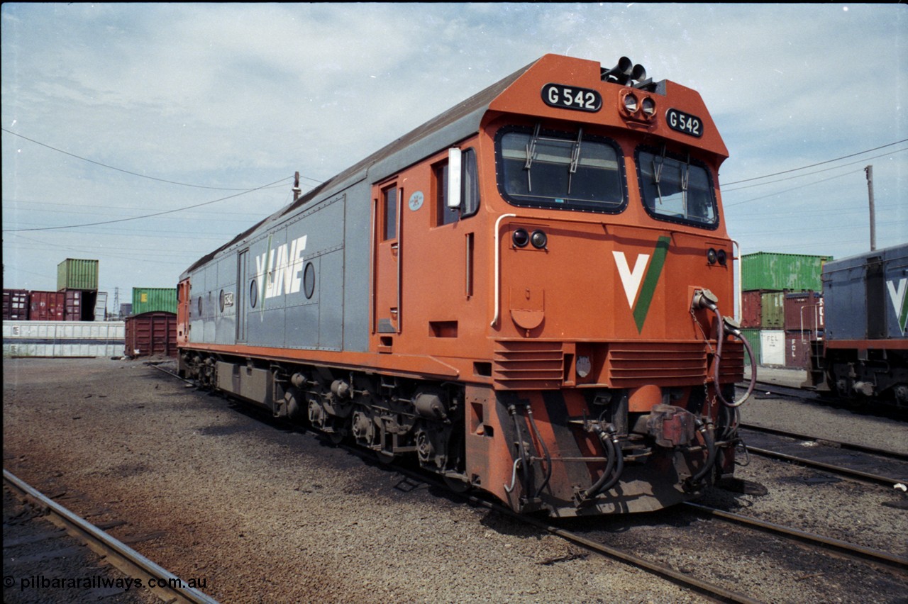 162-2-24
South Dynon Motive Power Depot, broad gauge turntable radial roads, V/Line diesel electric locomotive G class G 542 Clyde Engineering EMD model JT26C-2SS serial 89-1275, PTC Open Day.
Keywords: G-class;G542;Clyde-Engineering-Somerton-Victoria;EMD;JT26C-2SS;89-1275;