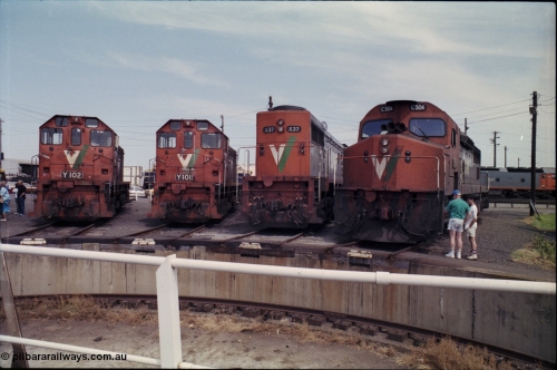 162-2-10
South Dynon Motive Power Depot, standard gauge turntable, radial roads and pit, V/Line locomotives lined up are Y class Y 102 Clyde Engineering EMD model G6B serial 63-292, Y class leader Y 101 serial 63-291, X class X 37 Clyde Engineering EMD model G26C serial 70-700 and C class C 504 Clyde Engineering EMD model GT26C serial 76-827. PTC Open Day.
Keywords: C-class;C504;Clyde-Engineering-Rosewater-SA;EMD;GT26C;76-827;