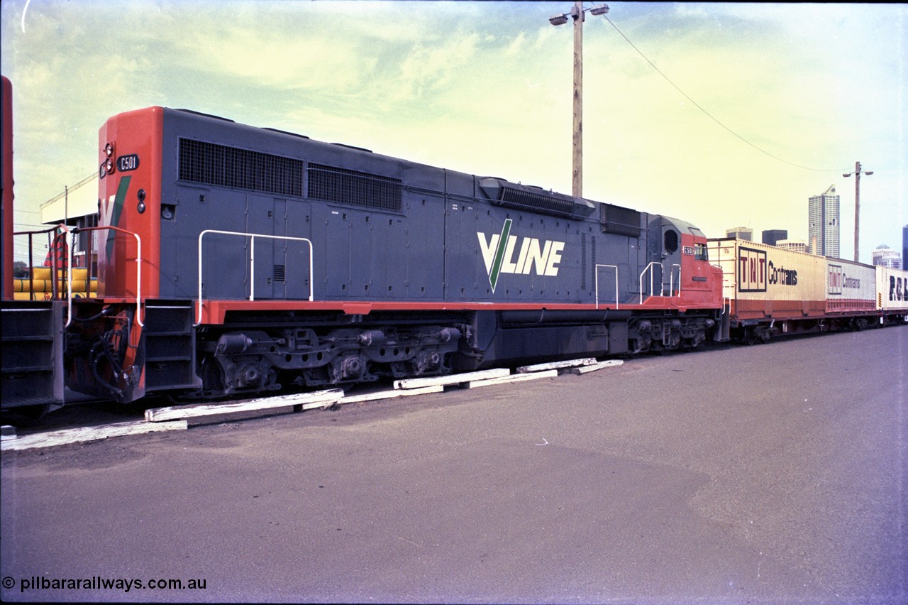 162-3-04
Melbourne Yard, 3,000 horsepower broad gauge V/Line diesel electric locomotive C class C 501 'George Brown' Clyde Engineering EMD model GT26C serial 76-824 trailing view at the PTC Open Day.
Keywords: C-class;C501;Clyde-Engineering-Rosewater-SA;EMD;GT26C;76-824;