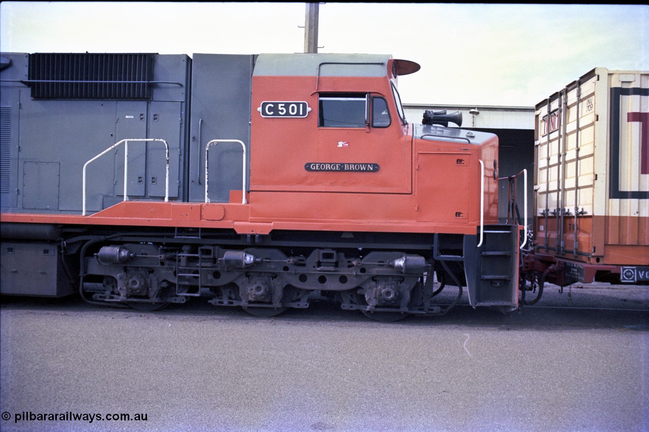 162-3-06
Melbourne Yard, broad gauge V/Line 3,000 horsepower diesel electric locomotive C class C 501 'George Brown' Clyde Engineering EMD model GT26C serial 76-824 cab side view, bogie, steps and name and number plate locations, at the PTC Open Day.
Keywords: C-class;C501;Clyde-Engineering-Rosewater-SA;EMD;GT26C;76-824;